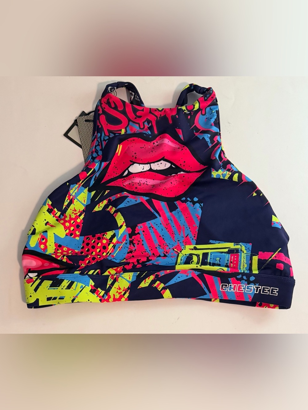 Chestee High-Neck Padded Lifting Sports Bra - Retro Graffiti Print - NWT Size 10